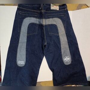 Vintage EVISU Genes Denim Button Fly Blue/Grey Jean Shorts Long Baggy Size 40
